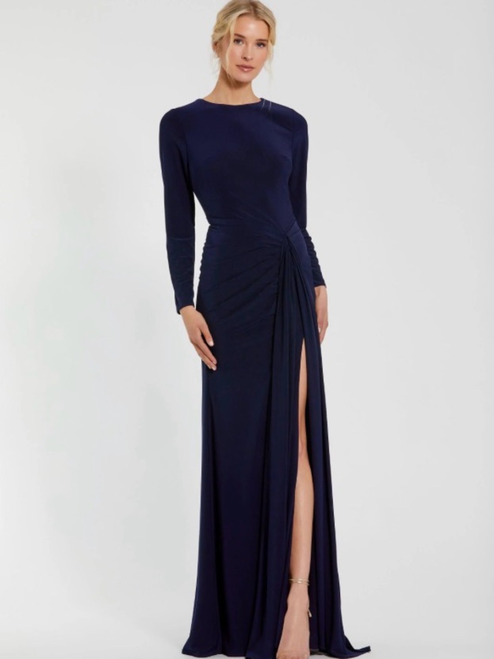 Navy Long Sleeve Fitted Jersey Gown With Ruched Waist